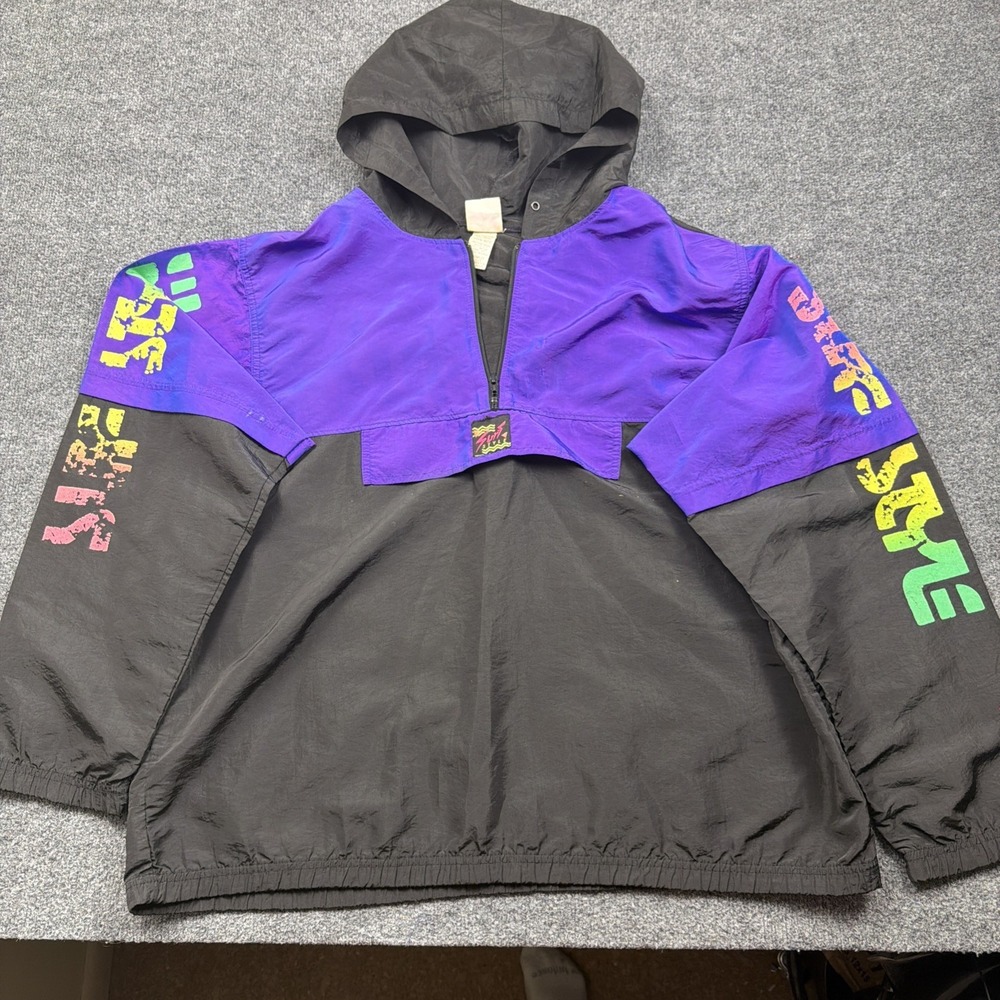 Vintage Surf Style Jacket One Size Windbreaker 90s 1/4 Zip Iridescent Purple Blk